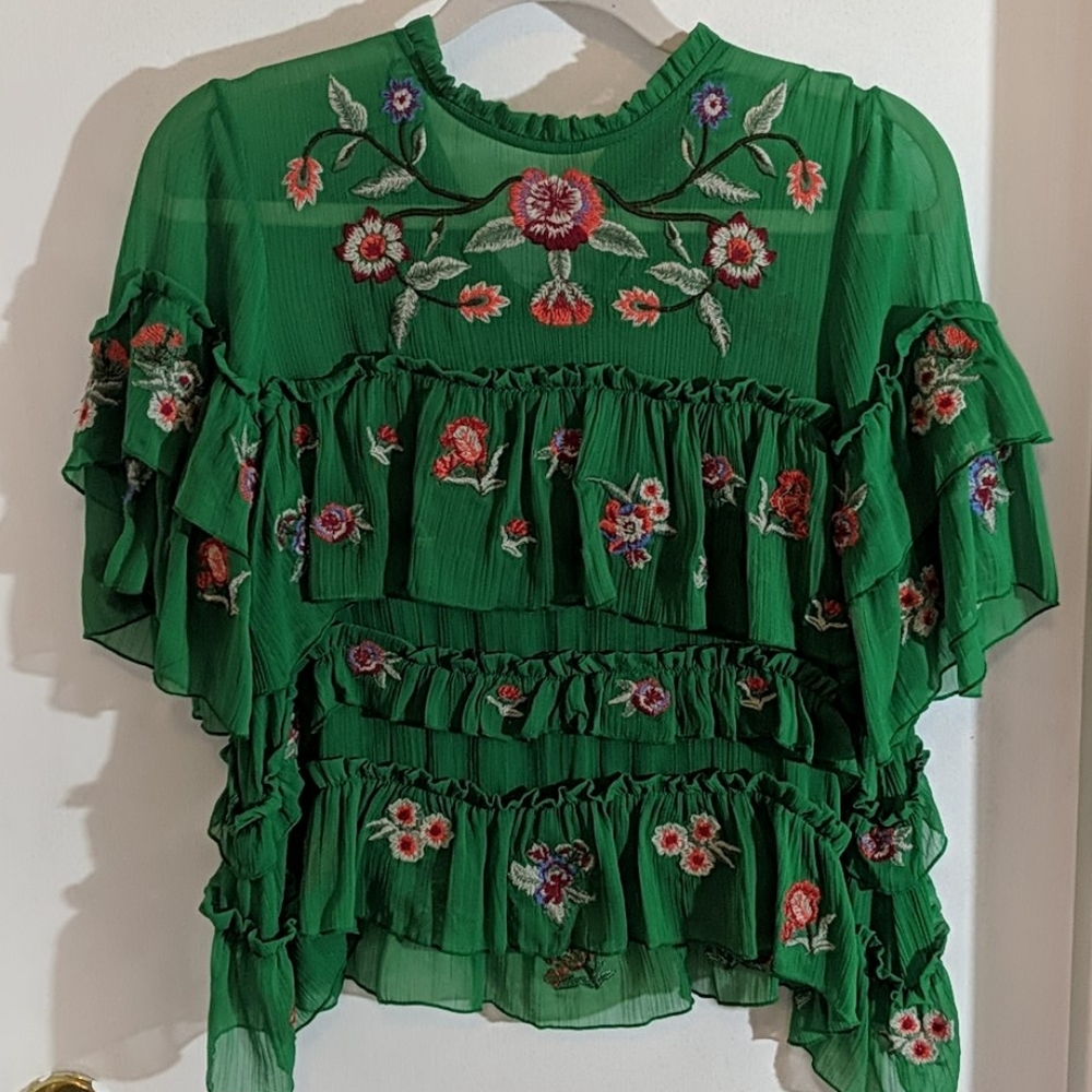 Zara Green Embroidered Frill Floral Top